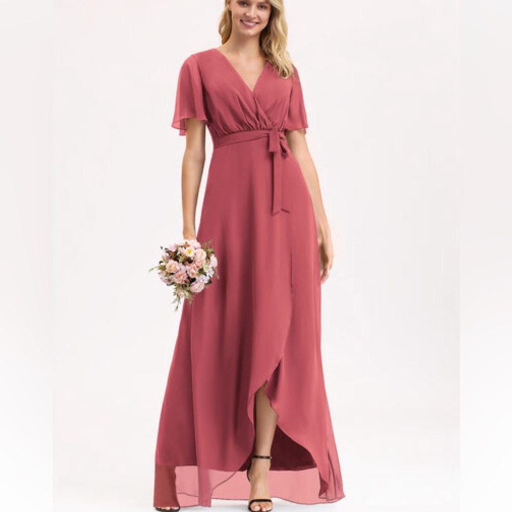 JJ’s House Asymmetrical Chiffon Bridesmaid Dress in Cinnamon Rose